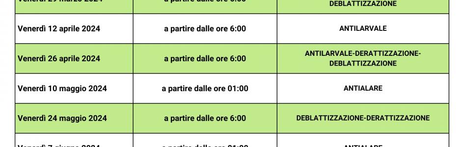 CALENDARIO DI INTERVENTI DI SANIFICAZIONE AMBIENTALE 2024 SQUINZANO